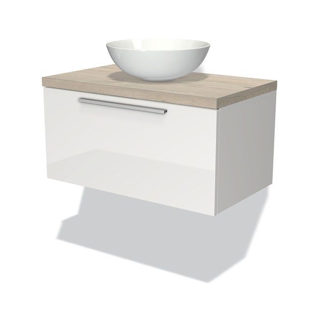 Maxaro Badkamermeubel Modulo Plato 80cm Hoogglans Wit 1 Lade Vlak Lichtgrijs Eiken Blad