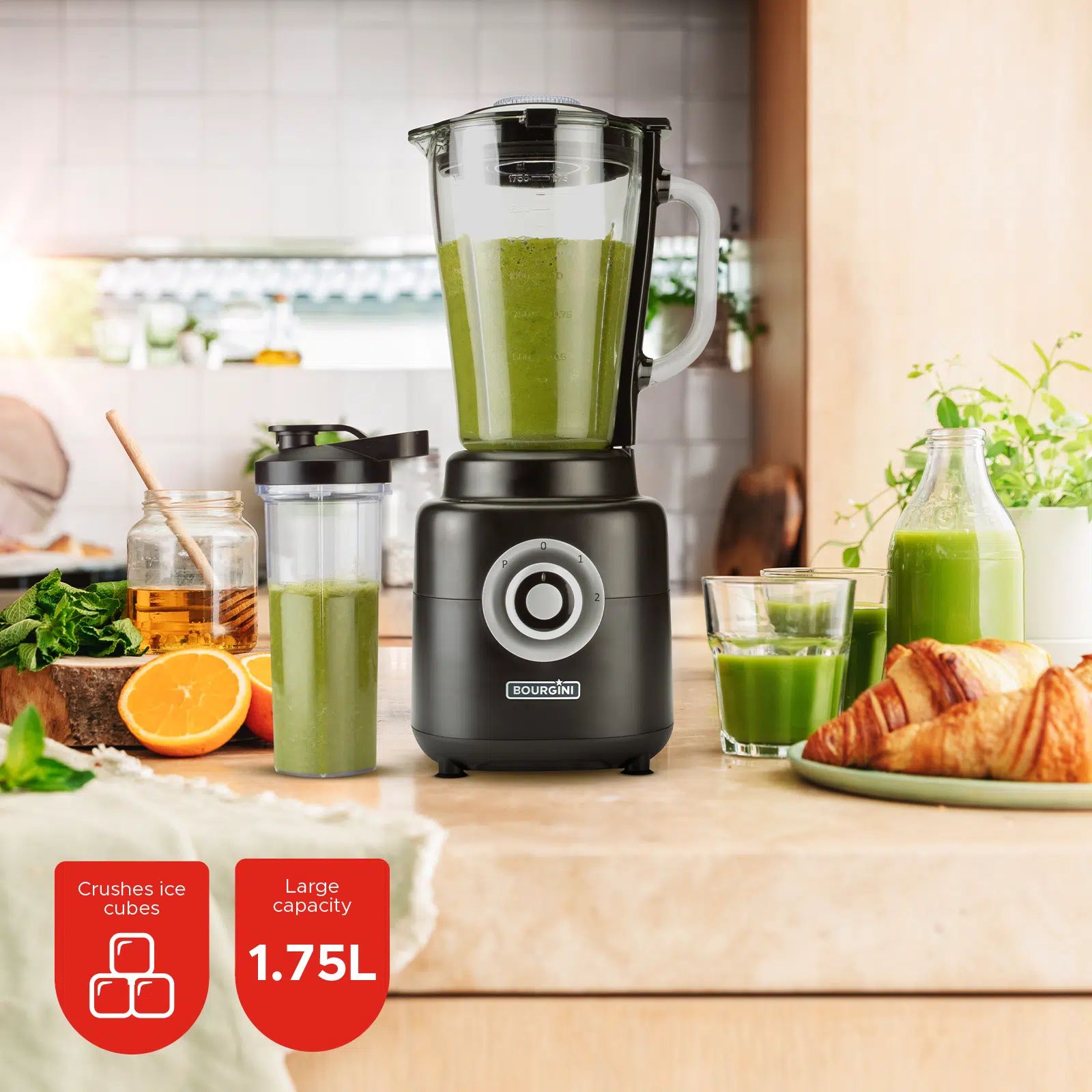 Bourgini PowerBlender - 1.75L - Zwart - 1000W - Blender to go met 700ml beker - Ijsmaler