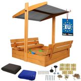 KOTARBAU® Houten Zandbak - 100 x 100 cm - Bruin - Zandbak met Bankjes - met Grijs Dak - en Grondzeil