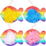 BRUBAKER Set van 4 Badspons Douche Spons - Regenboogvis Zeep Spons 25 g - Badbal voor Kinderen en Volwassenen - Zachte Scrub Spons - Was Spons Kleurrijk incl. Geschenkverpakking