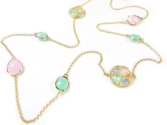 Zilveren Collier Geel Goud Verguld met Roze, Groene en Oranje Stenen - 90 cm