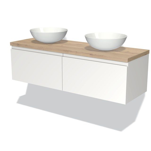 Maxaro Badkamermeubel Modulo Plato 140cm Mat Wit 2 Lades Greeploos Lichtbruin Eiken Blad