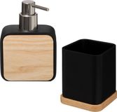 5five Badkamer/toilet accessoires set - tandenborstelhouder en zeeppompje - zwart - bamboe - 200 ml