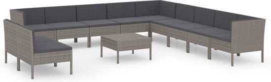 vidaXL 12-delige Loungeset met kussens poly rattan grijs