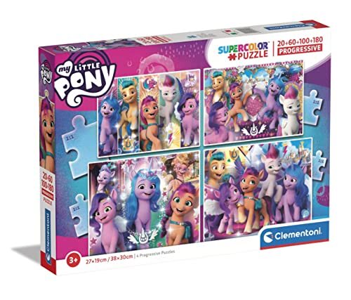 Clementoni Supercolor My Little Pony-Box met 4 doosjes (20, 60, 100 en 180 stuks), kinderen 3 jaar, cartoonpuzzel, gemaakt in Italië, meerkleurig, medium