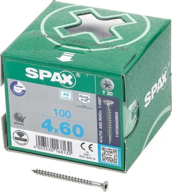 Spax R.v.s. schroef, 4 x 60 mm, 100 stuks, volledig schroefdraad, platkop, T-STAR plus T20, 4CUT, roestvast staal A2 - 1197000400603