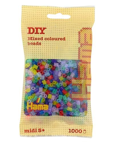 Hama Parels 207-53 strijkkralen, zakje met ca. 1.000 kleurrijke midi-knutselkralen met een diameter van 5 mm, transparante mix