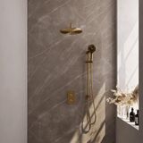 Brauer Gold Edition Thermostatische Regendoucheset Inbouw - Hoofddouche 30 cm - Gebogen Wandarm - 3 Weg - Handdouche 3 Standen - Doucheslang - Geintegreerde Glijstang - Geborsteld Goud