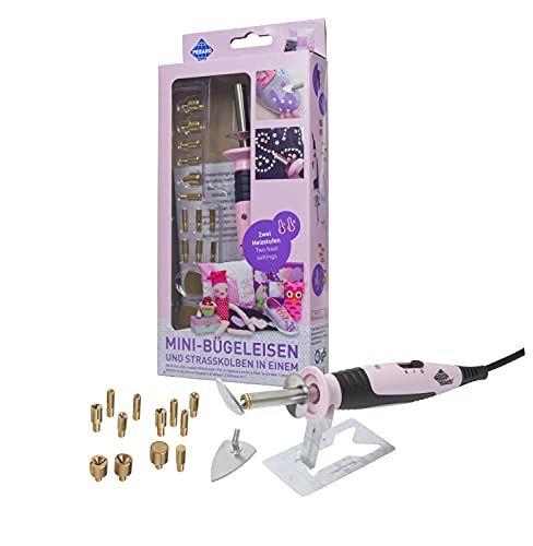 Pebaro Mini-strijkijzer en strasskolf in één, met 14 opzetstukken, voor designwerkzaamheden met stof en strass, perfect voor hobby-knutselaars