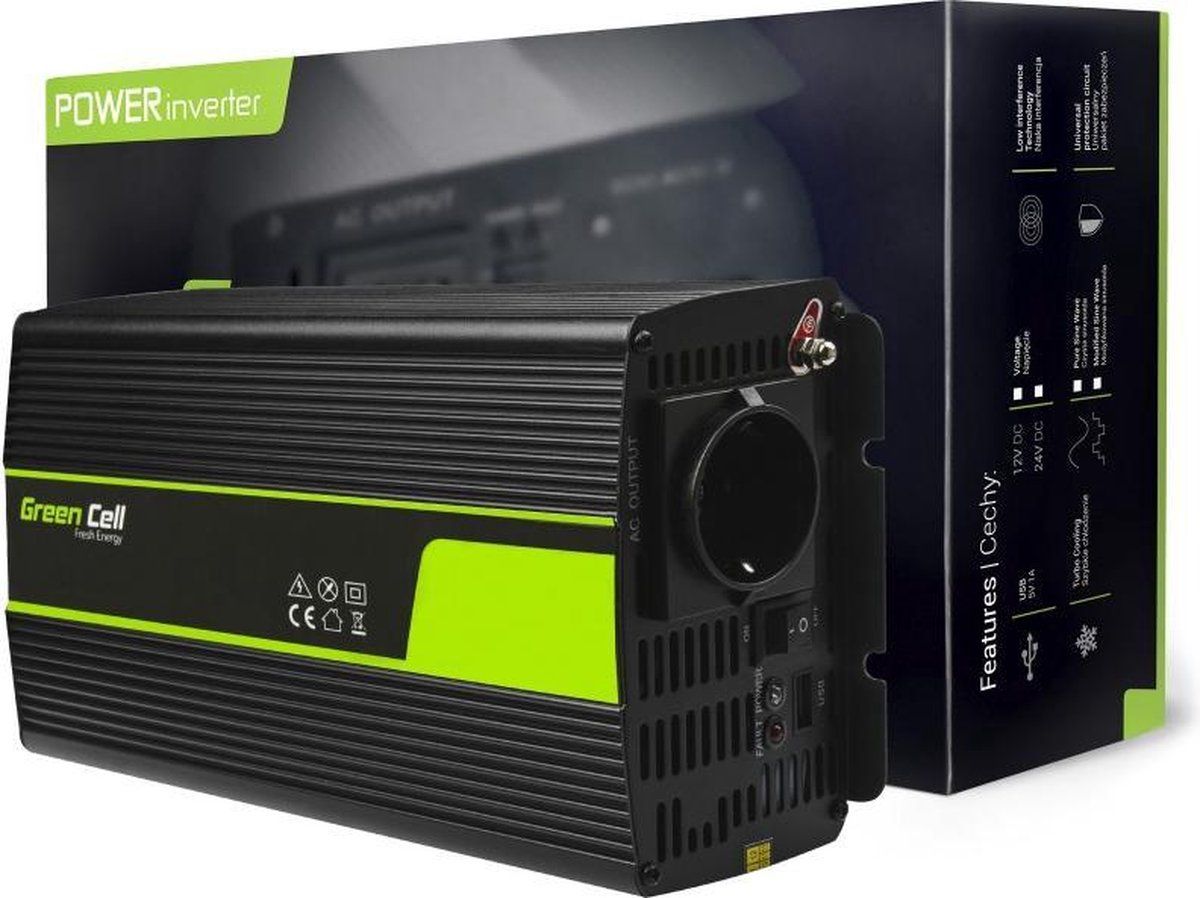 GREEN CELL 24V Omvormer 24V Naar 220V/230V 1000W (continu) Gemodificeerde Sinusgolf