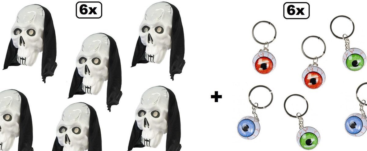 Themaparty 6x Masker skelet met hoofddoek met sleutelhanger oog - Halloween horror griezel doods hoofd dood skelet dood festival thema feest