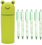 Kawaii 2-en-1 étui en silicone - Vert - Design debout - Porte-stylos animal - Comprend 6 stylos gel 0,5 mm - Kik