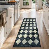 Lahome Wasbaar zwart en wit keukentapijtloper, 2 x 5 cm, zacht antislip wasruimtetapijt, badkamerloper, tapijten met rubberen achterkant, Marokkaans trellis, kindvriendelijke tapijtloper voor entree