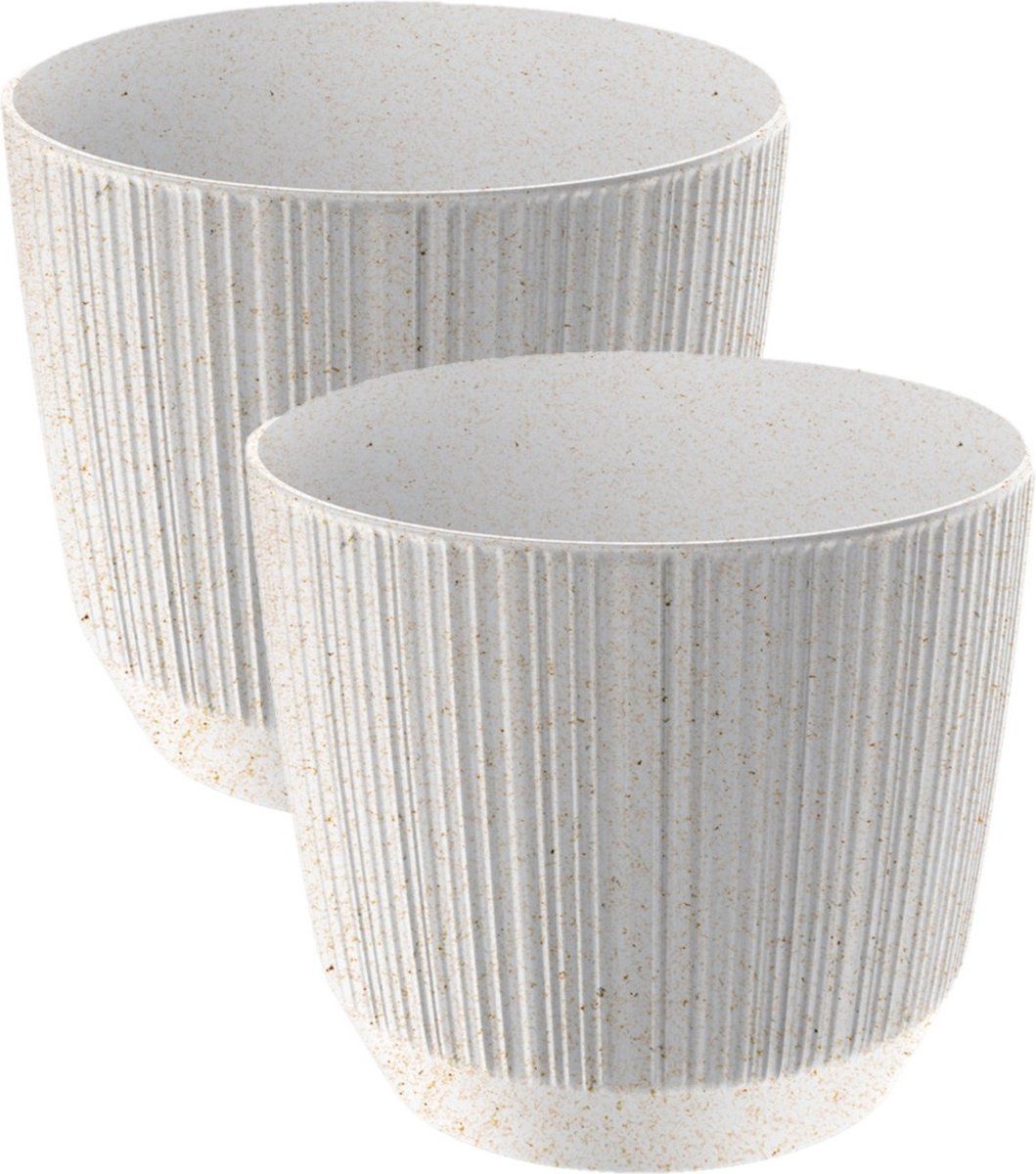 Prosperplast 2x stuks moderne carf-stripe plantenpot/bloempot kunststof dia 19.5 cm/hoogte 17 cm eco/hout wit voor binnen/buiten