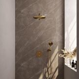 Brauer Gold Edition Thermostatische Regendoucheset Inbouw - Hoofddouche 30 cm - Rechte Wandarm - 3 Weg - Handdouche Rond 3 Standen - Doucheslang - Wandaansluitbocht - Geborsteld Goud