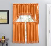 American Linen Café gordijnen voor keuken, badkamer gordijnen met volant, geborduurde kant rand. (oranje)