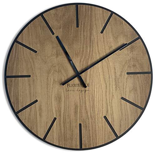 FLEXISTYLE EKO grote wandklok zonder tikkend geluid Wood Art zwart 60 cm, voor woonkamer, slaapkamer, geproduceerd in de EU