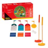 Idena 40383 - Houten minigolfset, 11-delige golfset inclusief 2 clubs, 2 golfballen, 3 hindernissen en 4 holes met vlaggen, voor binnen en buiten, voor volwassenen en kinderen vanaf 6 jaar