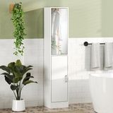 JACE Étagère De Salle De Bain En Bois Sur Roulettes, 5 Niveaux Avec Armoire Miroir Pivotante, 32x28x162 Cm, Blanche