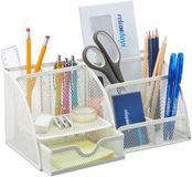 Merkloos Relaxdays Pennenbak Metaal - Bureau Organizer met Lade - Wit - 13 x 28 x 14 cm