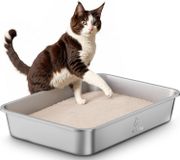 Merkloos Kattenbak van roestvrij staal met hoge randen, 45 x 35 x 10 cm