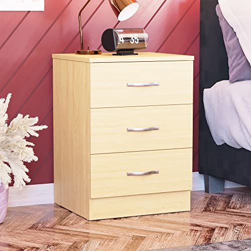 Vida Designs Nachtkastje commode - Grenen - 3 laden - Met metalen handgrepen en rails