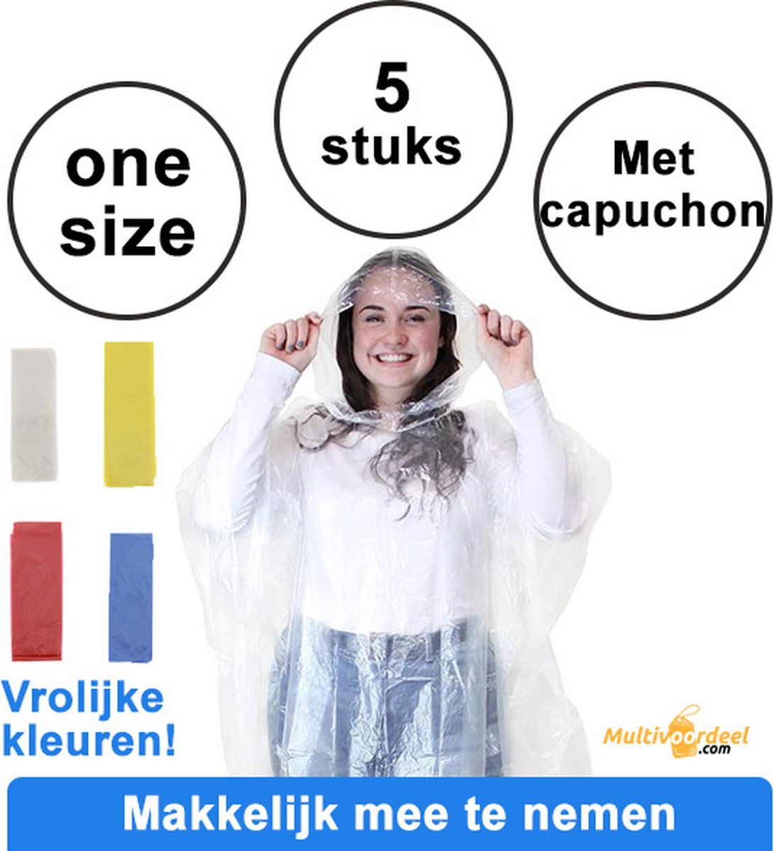 Multi Voordeel 5x Wegwerp Regenponcho voor Volwassenen - Transparant, Rood, Geel, Blauw