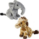 Ravensden - Knuffeldieren set olifant en giraffe pluche knuffels 18 cm
