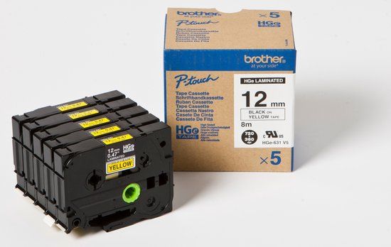Brother HGe-631V5 Labeltape Set van 5 stuks Tapekleur: Geel Tekstkleur: Zwart 12 mm 8 m