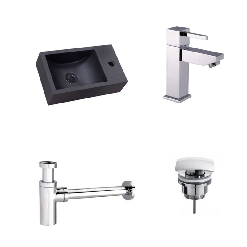 Badkamerplanet Quartz Zwart Fonteinset Mini 36x18x10 cm - Vierkante Kraan Chroom