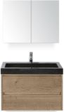BES LED Dante Badmeubelset 80 cm - Natuur Eiken - Wastafel Hardsteen Wit Lucca met Spiegelkast