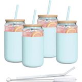 AquaFloow Glas met rietje en deksel 500 ml | Herbruikbare bekers Siliconen hoes | Glazenset - 2 rietjes 1 reinigingsstaafje | Voor smoothies, koffie, cocktails - 4 stuks – Blauw