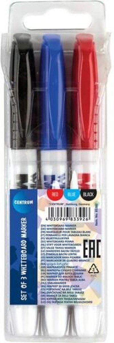 Centrum Whiteboard Stiften Kleuren 3-Pack dunne punt - Markers Whiteboard Stiften Zwart - Blauw - Rood