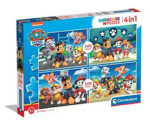 Clementoni 24801 Supercolor Paw Patrol-puzzel, 2 x 20 + 2 x 60 stukjes vanaf 3 jaar, kleurrijke kinderpuzzel met bijzondere helderheid en kleurintensiteit, behendigheidsspel voor kinderen