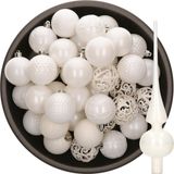 Decoris Bellatio Decorations Kerstballen 37x stuks kunststof 6 cm - met glazen piek glans - wit