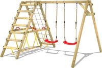 Wickey Smart Hike Speeltoestel - Dubbele schommel met Klimaanbouw en Evenwichtsbalk - Flexibele schommelverbinder - 315x260x215 cm - Rood
