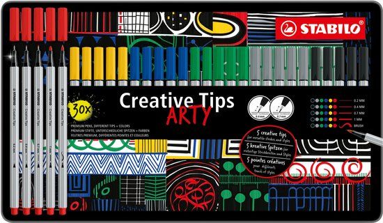 STABILO Creative Tips - CLASSIC - Pennenset met diverse puntdiktes – ARTY – Etui met 30 stuks – Met 6 Verschillende Kleuren