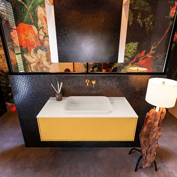 Mondiaz ERIN 100cm badmeubelset Ocher met 1 lade - RIDGE wastafel Linen