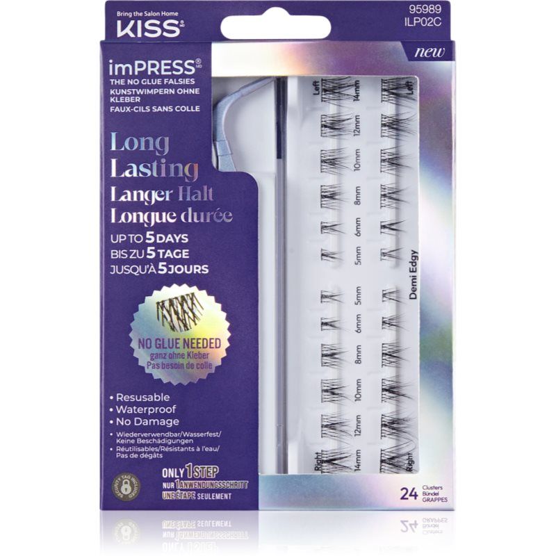 KISS imPRESS Falsies Long Lasting Demi Edgy, zelfklevende wimpers, 5 dagen verlengde draagduur, 24 natuurlijke volume-wimperclusters (5, 6, 8, 10, 12 en 14 mm), nauwkeurige anti-aanbakapplicator