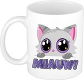 Bellatio decorations Cadeau koffie/thee mok - poes/kat - Miauw - paars - 300 ml - keramiek