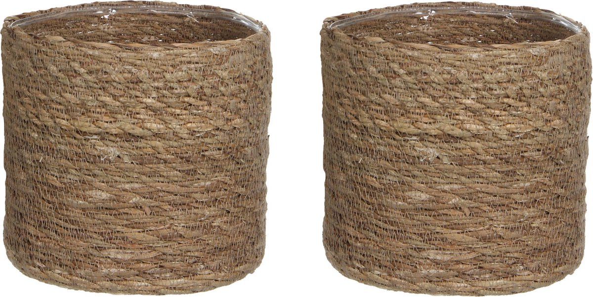 Mica Decorations 2x stuks naturel bruin rotan planten/bloemen pot mand van gedraaid jute/riet/zeegras H16 en D16 cm - Met plastic binnenkant