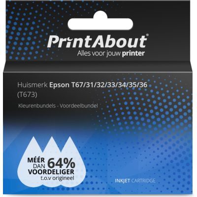 PrintAbout Huismerk T67/31/32/33/34/35/36 (T673) Kleurenbundels - Compatibel met Epson EcoTank L810/L850/L1800/L800/L801/L805 - Multi pack