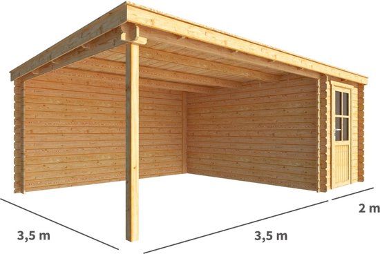 Merkloos Blokhut met overkapping Els 550 cm bij 350 cm diep Lessenaarsdak bruin