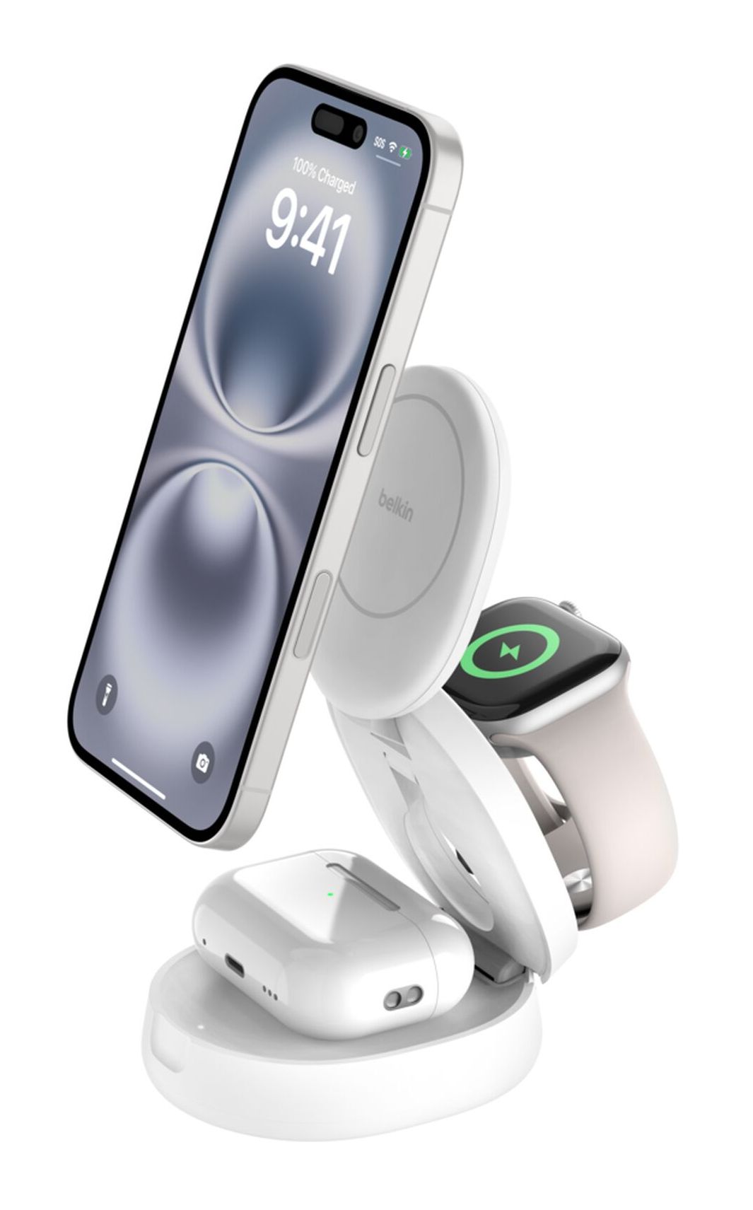 Belkin MagSafe compatible Lader, 3-in-1 verstelbare magnetische laadstandaard, Qi2-gecertificeerd, 15 W draadloze oplader voor iPhone 16, Apple Watch, AirPods, antislip, 36W-lader meegeleverd - Wit