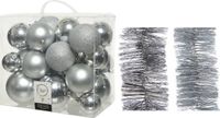 Decoris Kaemingk B.V. Kerstversiering kunststof kerstballen 6-8-10 cm met folieslingers pakket zilver van 28x stuks - Kerstboomversiering