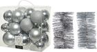 Decoris Kaemingk B.V. Kerstversiering kunststof kerstballen 6-8-10 cm met folieslingers pakket zilver van 28x stuks - Kerstboomversiering
