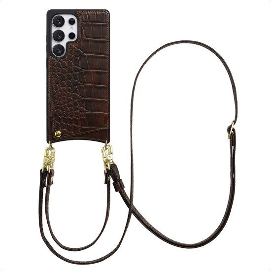 Selencia Hoesje - Samsung Galaxy S25 Ultra - Croco Backcover met koord en pashouder - Choco Brown