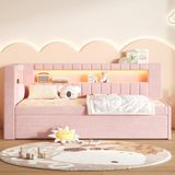 STILVORA Bedbank 90x200 cm – LED En USB-Aansluitingen – Uitschuifbed Met 3 Lades – Voor Slaapkamer En Logeerkamer – MDF En Stof – Roze – Zonder Matras