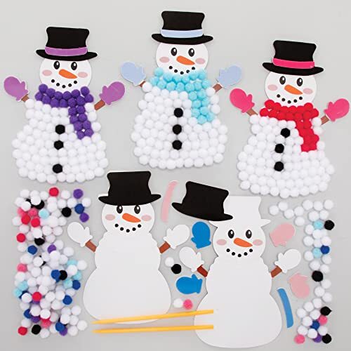 Baker Ross FC122 Sneeuwpop-pomp-kunstpakketten - set van 5, ontwerp kerstversieringen, pompoenversieringen voor kinderen om te maken, te versieren en te tonen, creatieve activiteiten voor kinderen