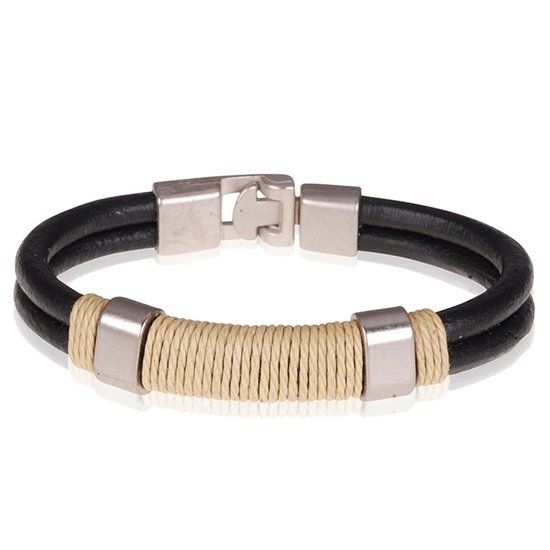 LGT JWLS LGT Jewels Zwarte leren armband Geel Touw - 20.5cm